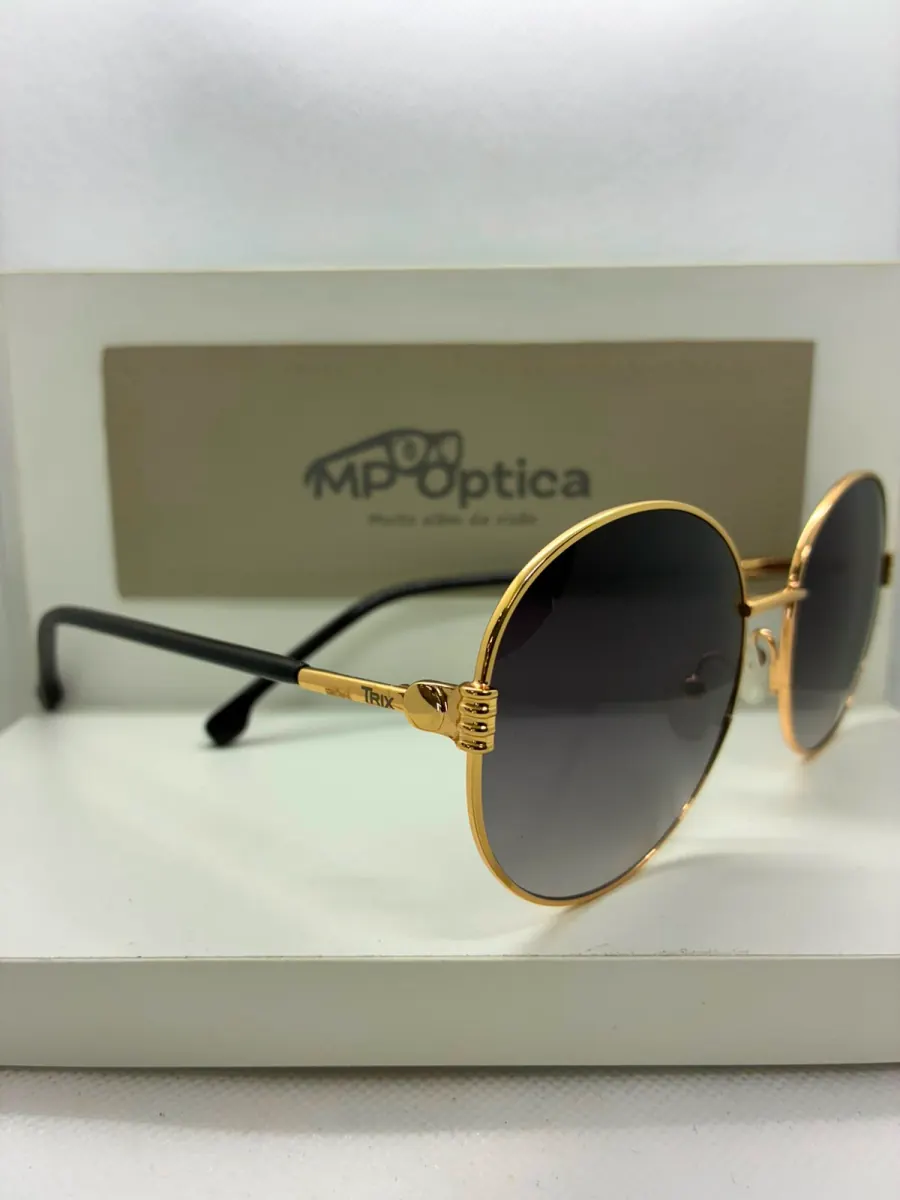 Óculos de sol redondo em metal dourado com lente cinza