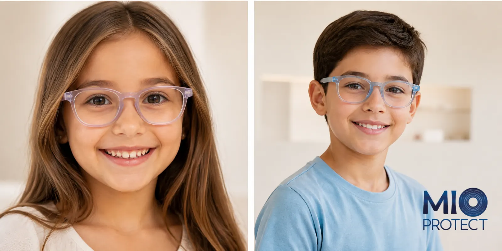 Menina e menino sorrindo com armações de grau, ao lado da marca Mio Protect